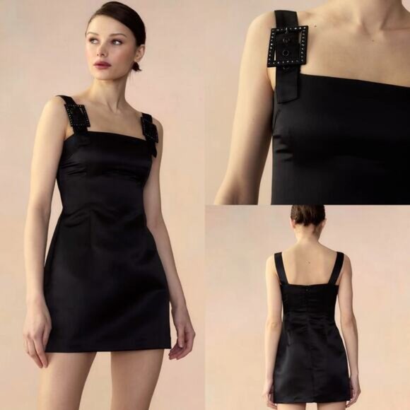 Cynthia Rowley Gigi Satin Dress Black Mini Rhinestone Cocktail Party LBD Size 0 - Picture 2 of 16